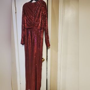 Rickie freeman teri jon red sequin evening long  sleeves gown size 18